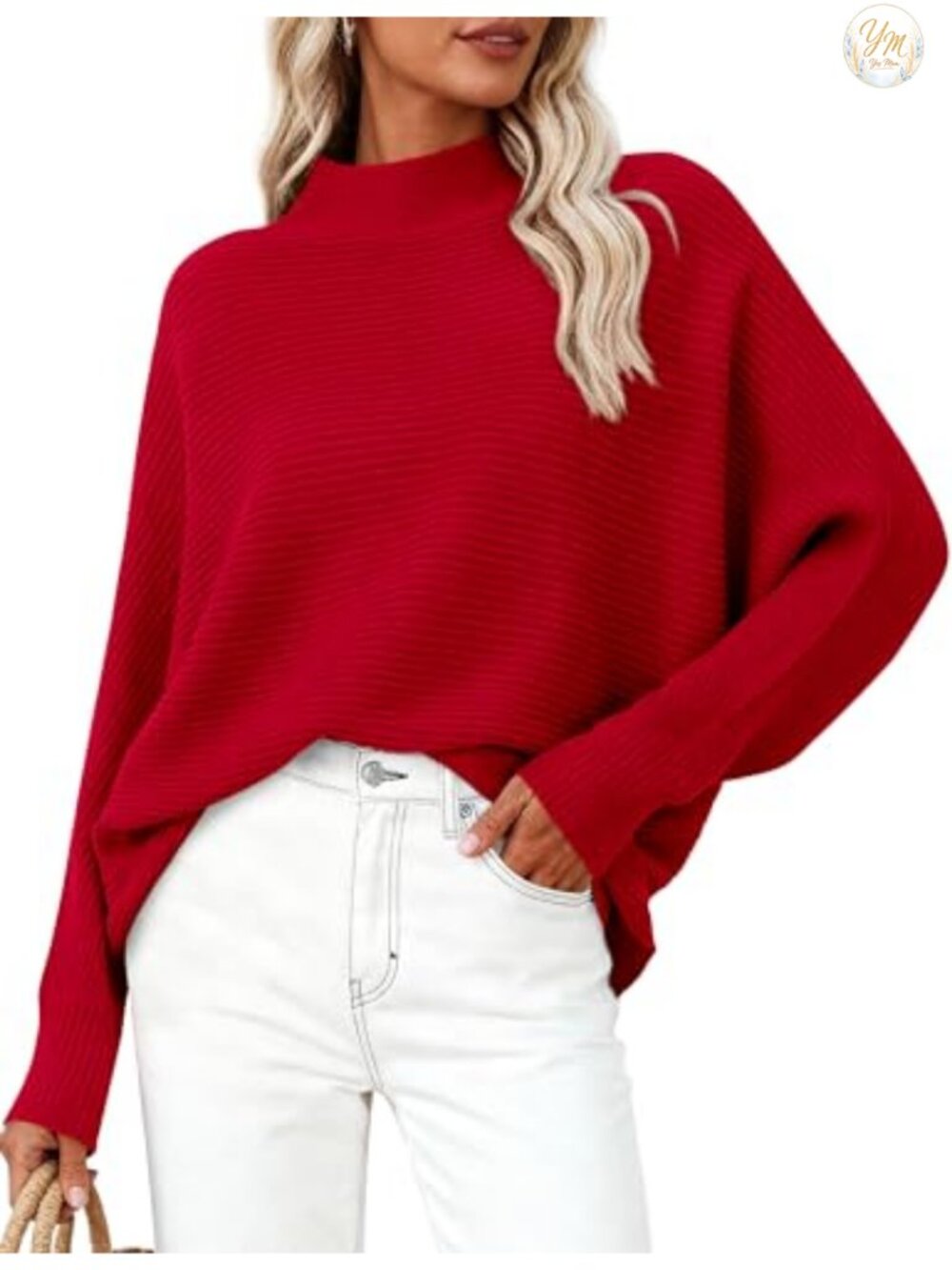 Women's Batwing Oversized Ribbed Knit Pullover Sweater Mock Neck Cozy Chunky Top